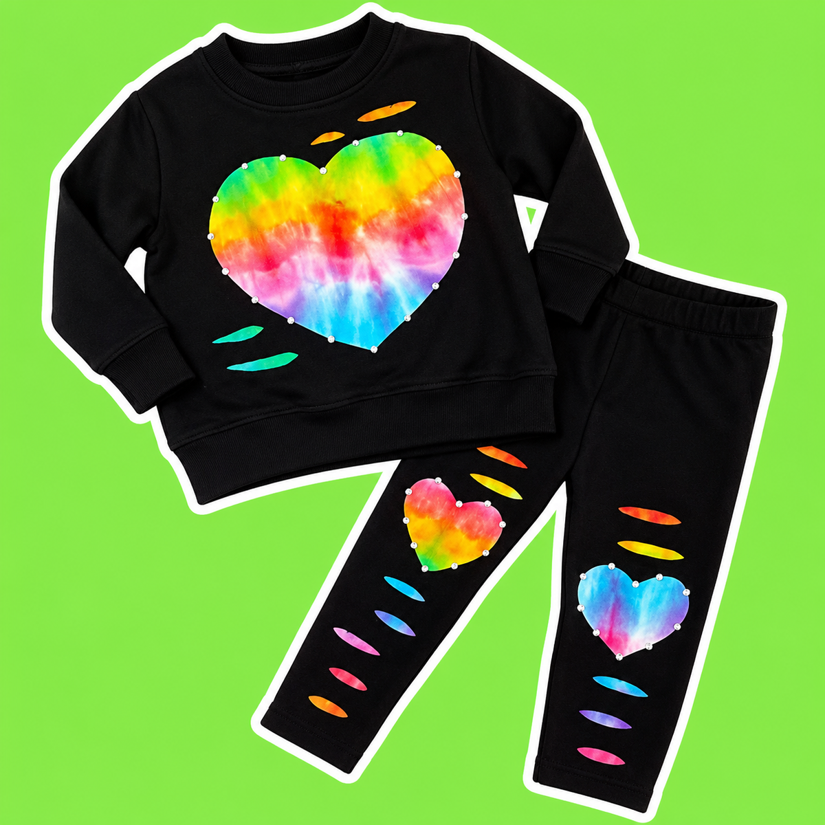 Rainbow Tie-Dye Hearts Crewneck & Leggings Set