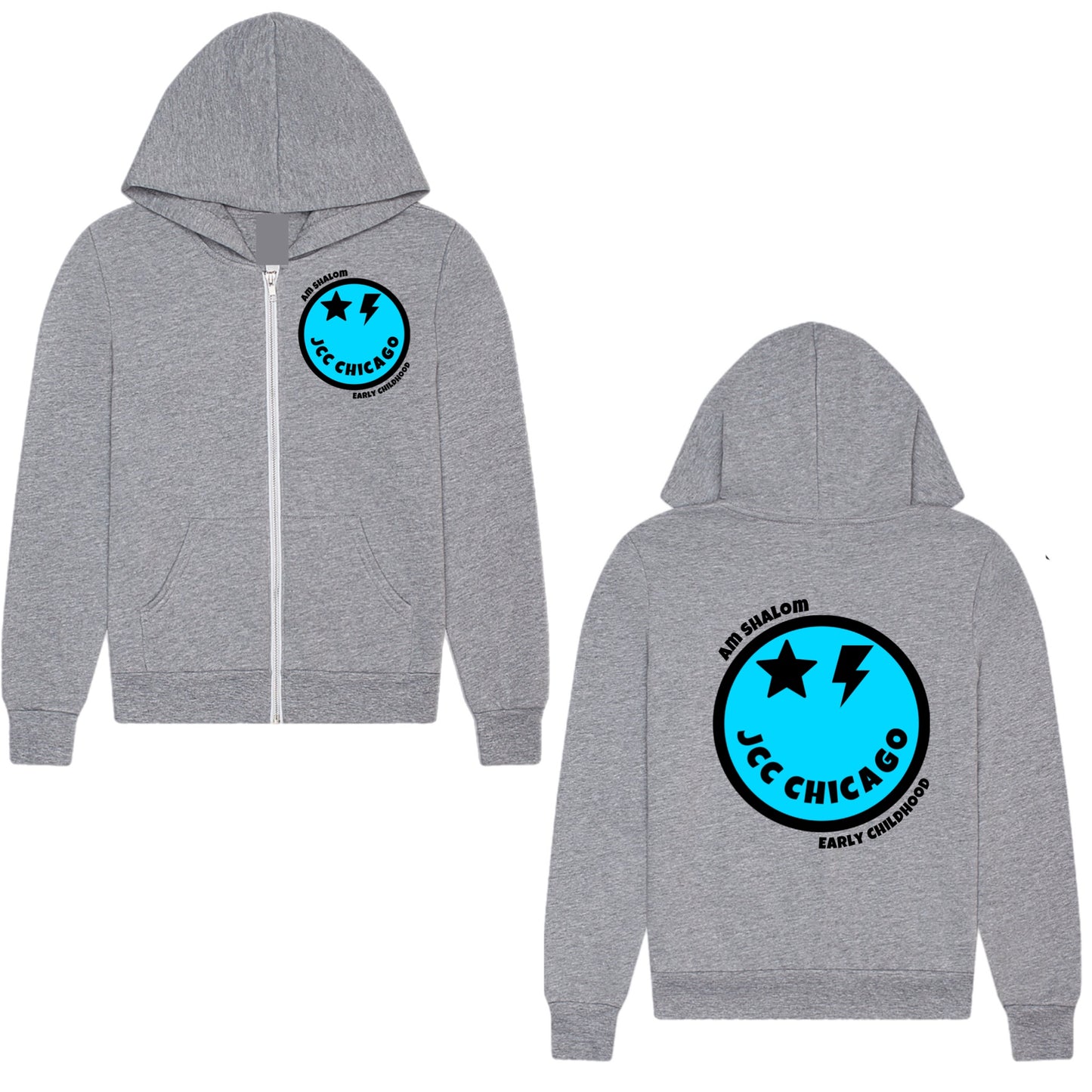 Blue emoji JCC Am Shalom zip hoodie