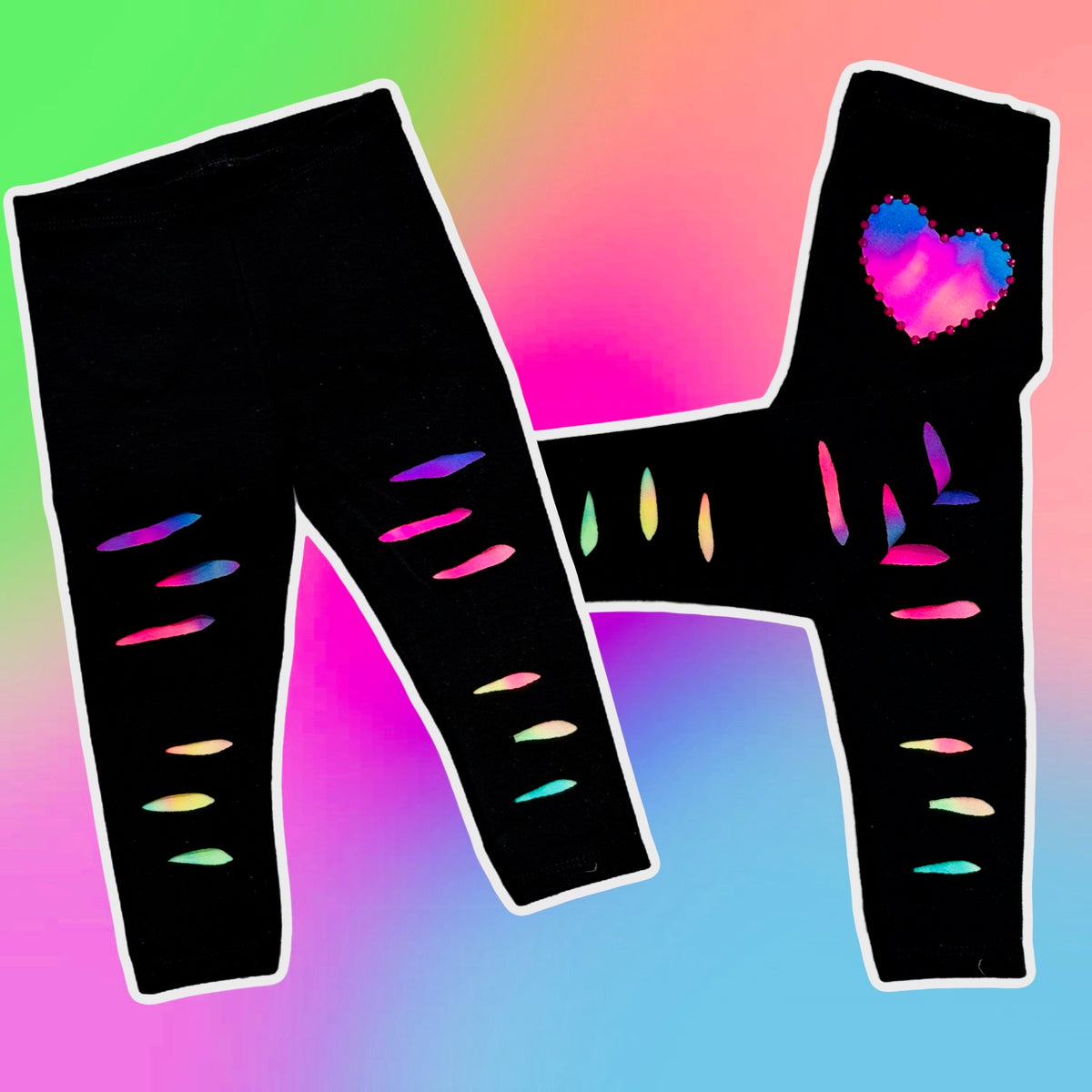 Neon Rainbow Distressed Heart Leggings