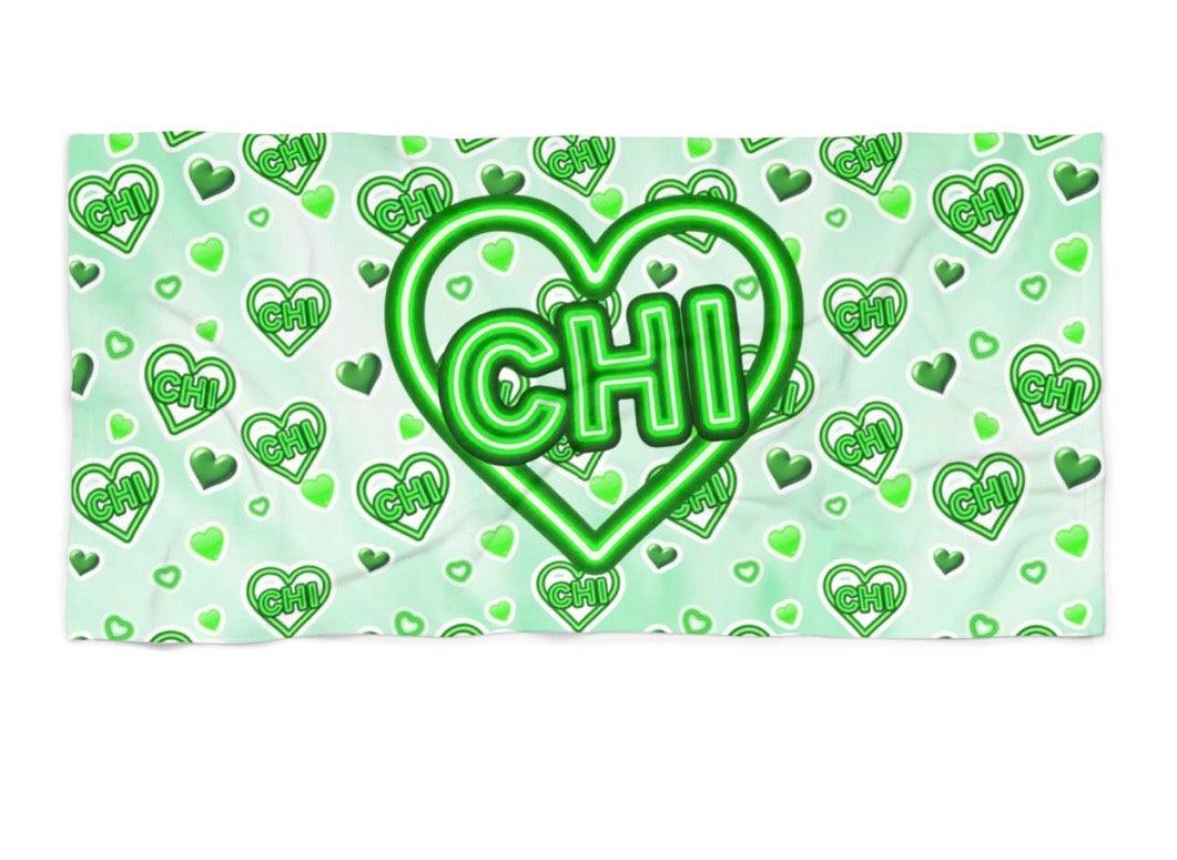 Camp Chi neon sign beach towel