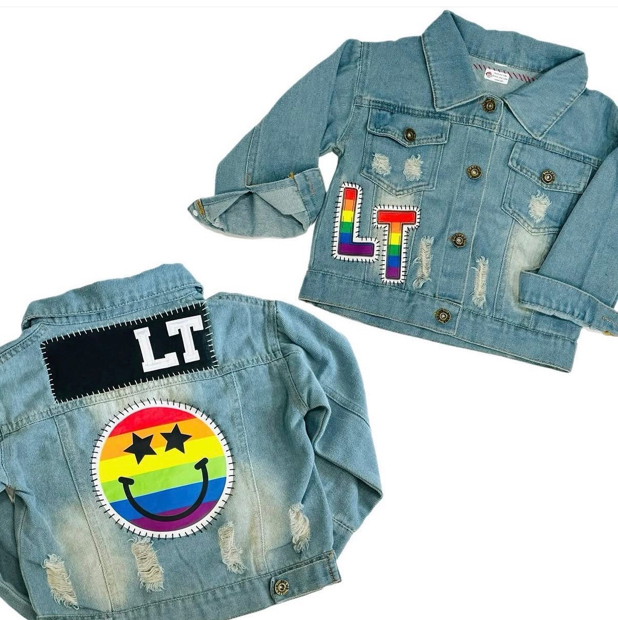 Denim Jacket- Rainbow Striped Initials & Smiley