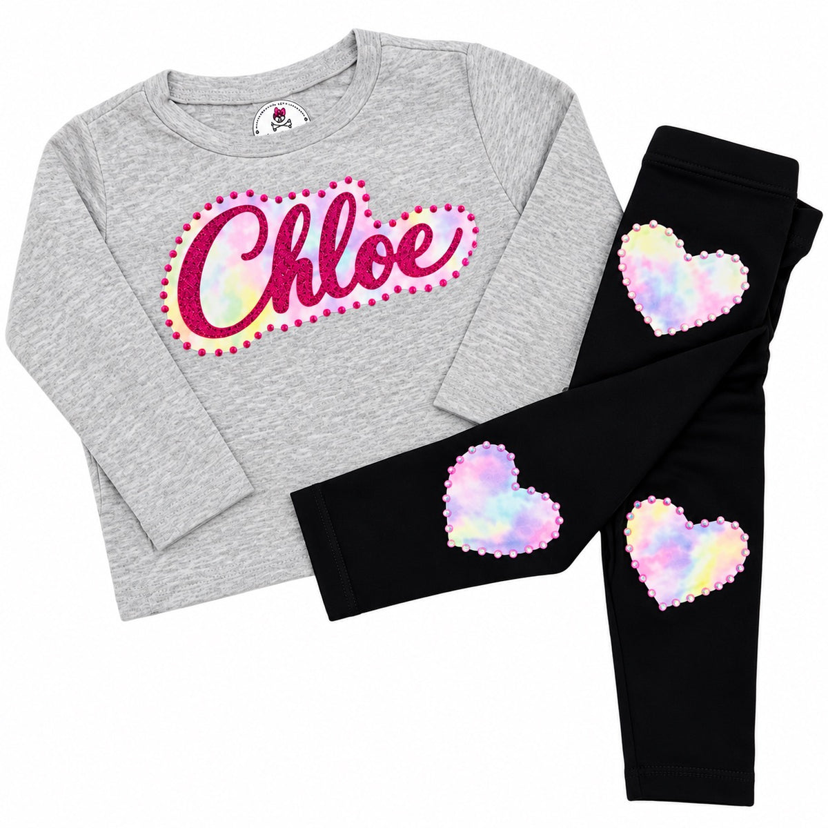 Personalized Pastel Tie-Dye Hearts Long Sleeve Tee & Leggings Set