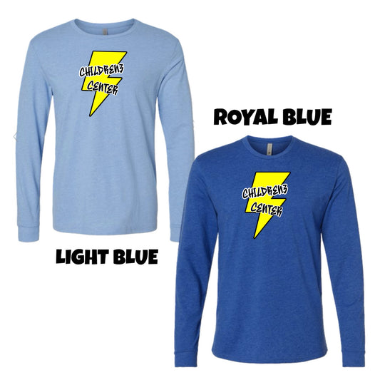 Adult Long sleeve yellow bolt Childrenz Center tee