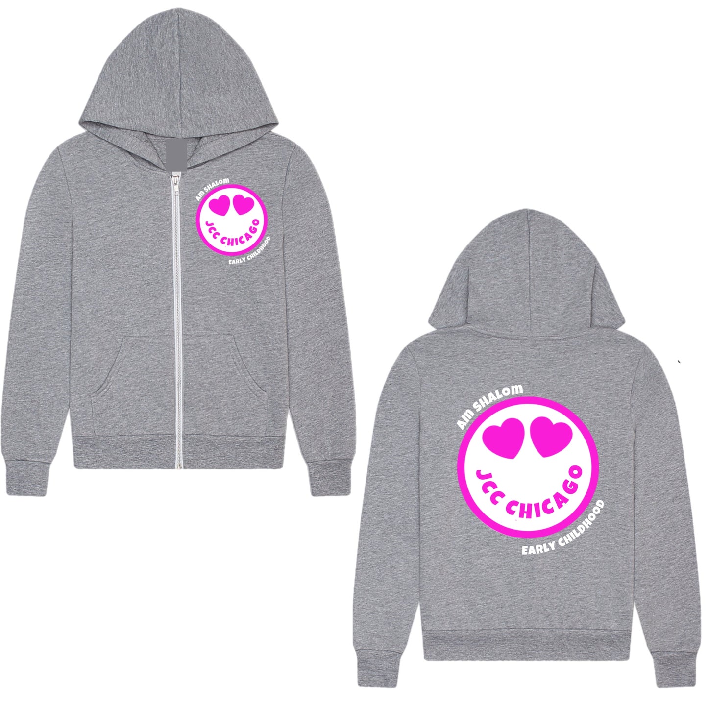Pink emoji JCC Am Shalom zip hoodie