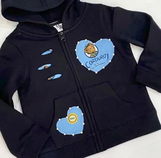 "Corduroy" Embellished & Distressed Heart Zip-Up