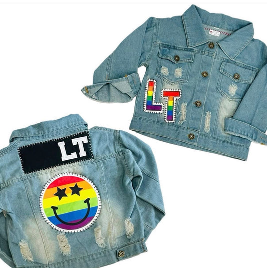 Denim Jacket- Rainbow Striped Initials & Smiley