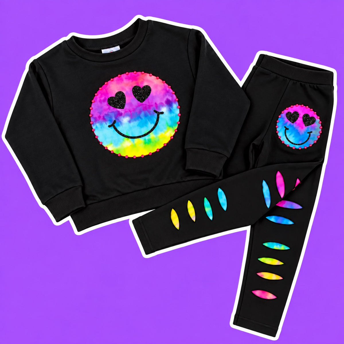 Rainbow Tie-Dye Smiley Crewneck & Leggings Set