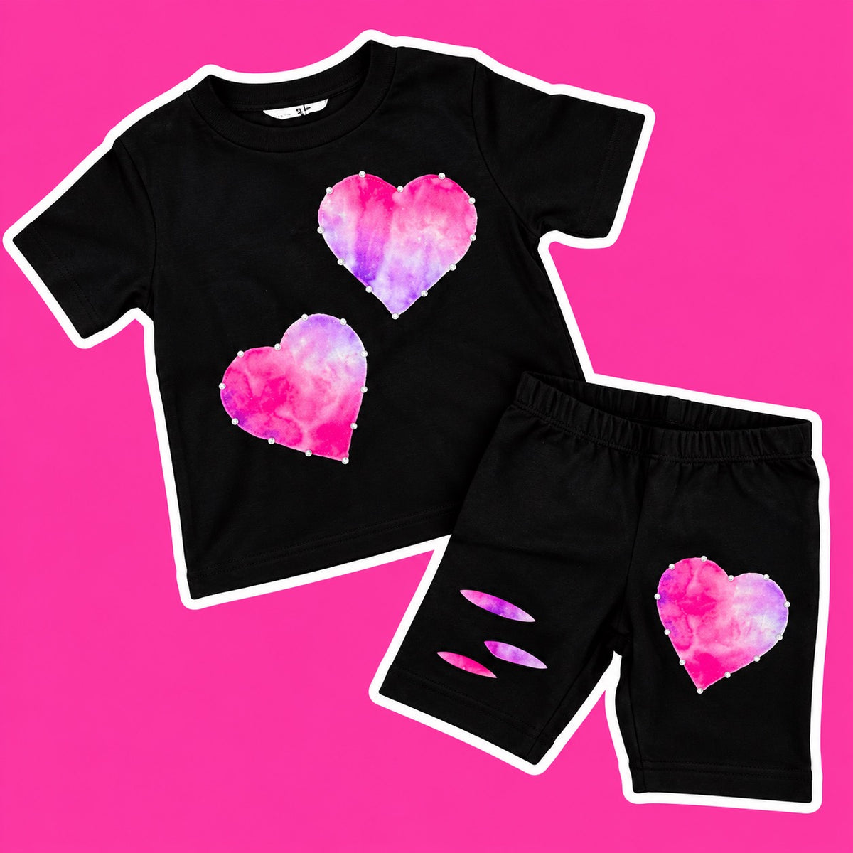 Pink & Purple Tie-Dye Hearts Tee & Biker Shorts Set