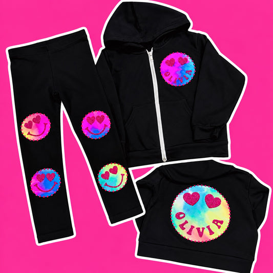 Tie-Dye Heart Eyes Emoji Zip-Up & Leggings Set
