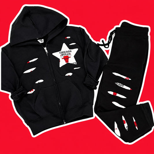 Chicago Bulls Distressed Zip-Up Hoodie & Joggers Set