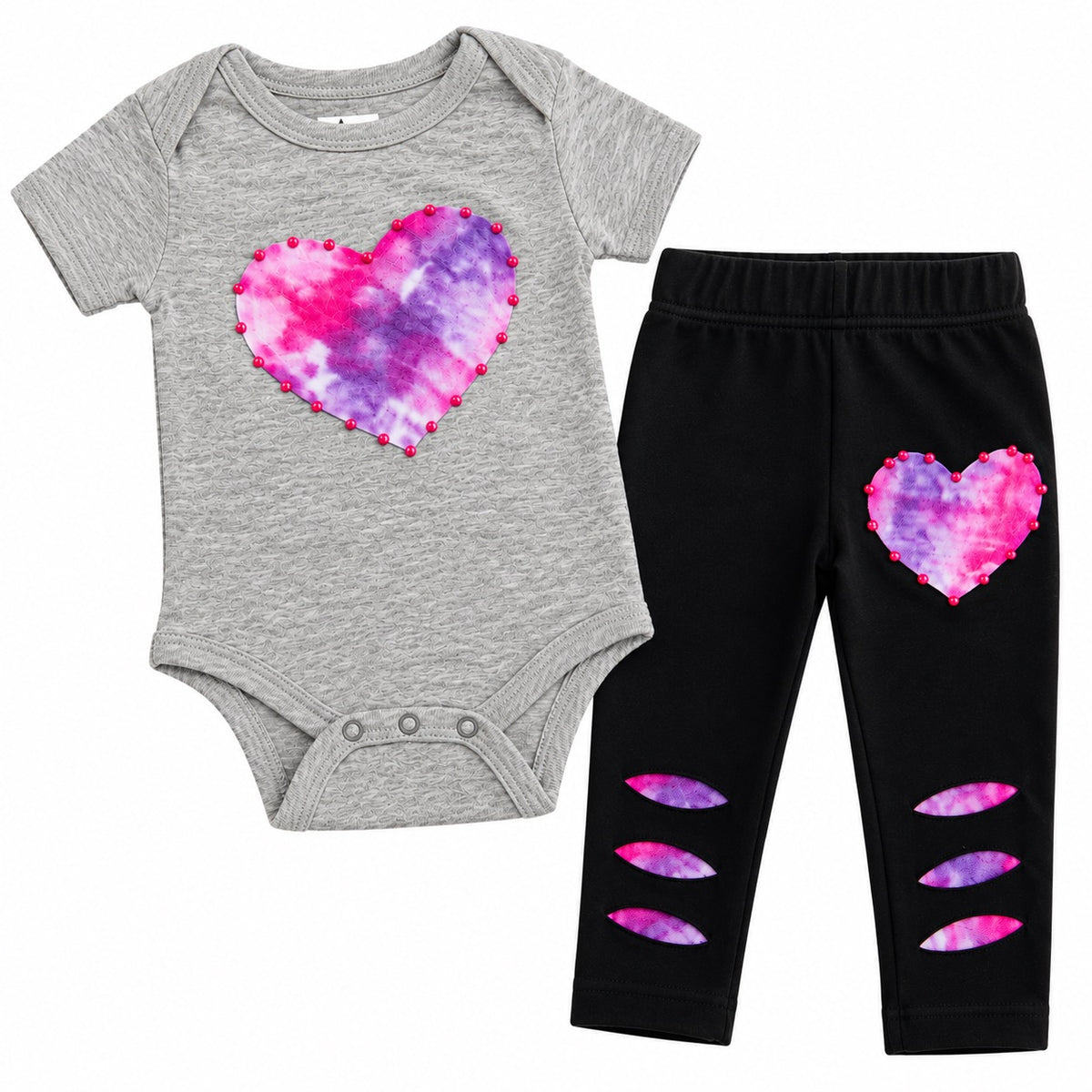 Pink & Purple Tie-Dye Heart Onesie & Leggings Set